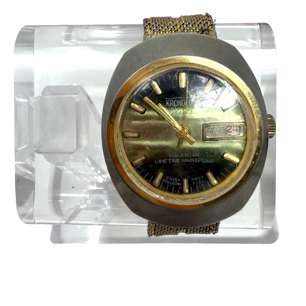 Vintage Kronotron Electra Calendar Automatic Style Watch Mesh Band 43mm Untested